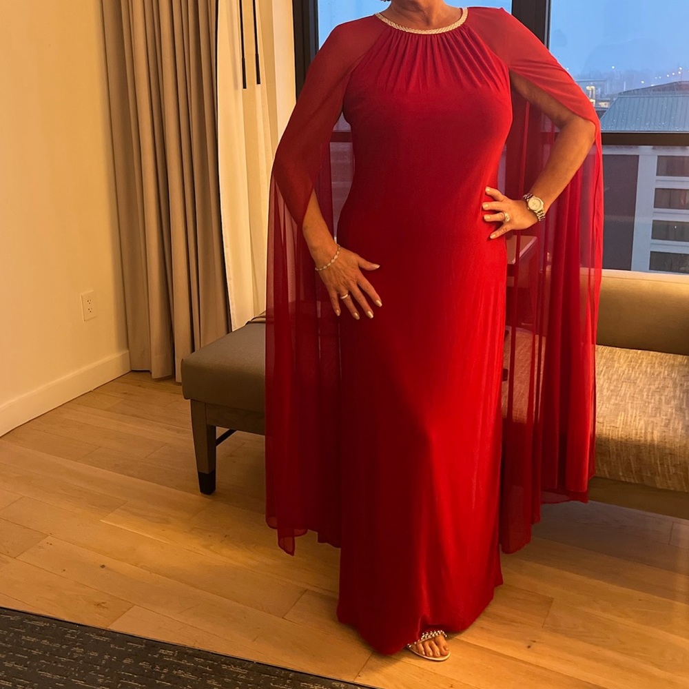 R&M Richard’s chiffon cape gown